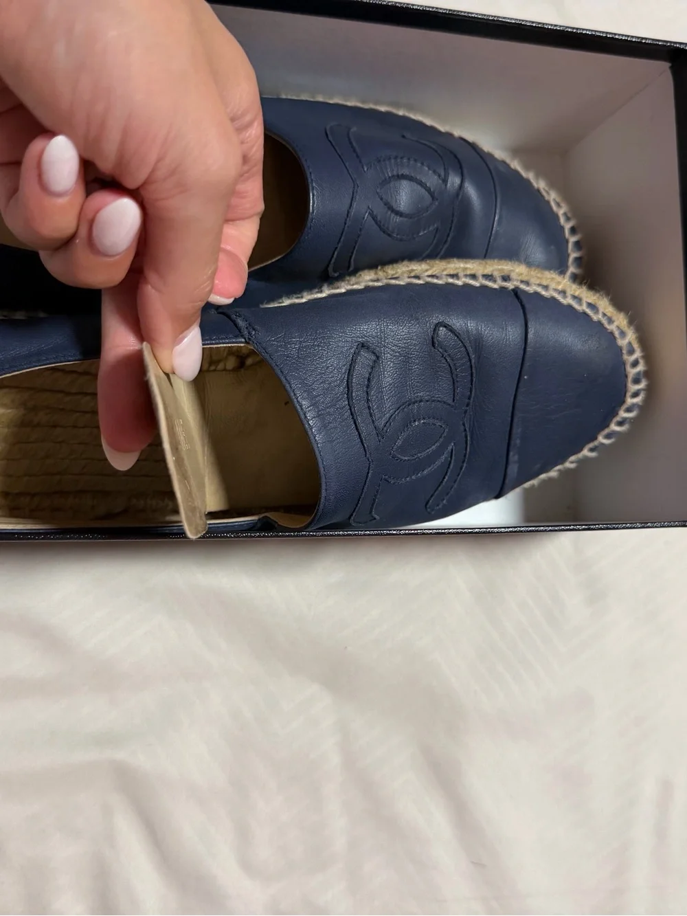 AUTHENTIC CHANEL Dark Navy Leather CC Espadrille Flats